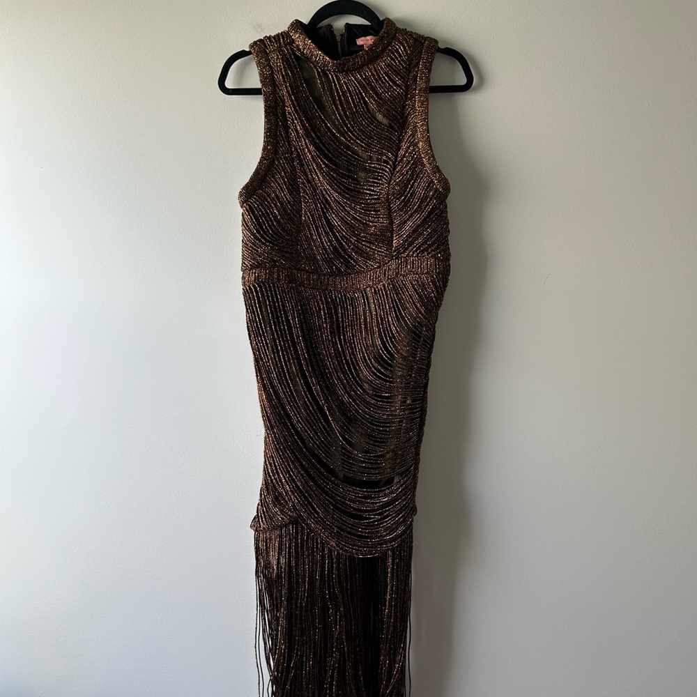 Not So Serious by Pallavi Mohan fringed copper colored halter dress